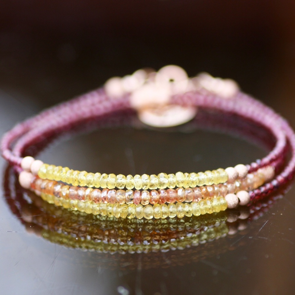 Natural Yellow Sapphire & Rhodolite Garnet Wrap Bracelet: 14k Rose Gold Filled